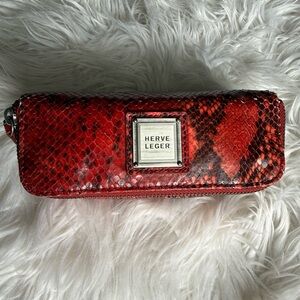 Herve Leger Red Leather Snake-Print Small Travel Jewelry Pouch